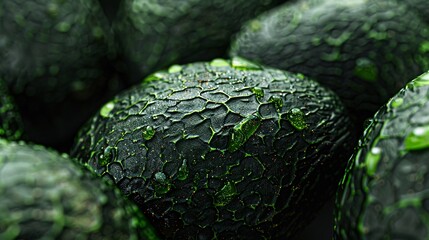 avocados, hard surface modeling, dark green with creased, wrinkled textures, radiant clusters, close-up view.