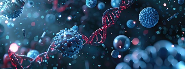 Poster - Spiral of Blue DNA double helix with light bokeh and bubble on beautiful blue background.