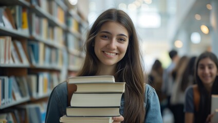 Aufkleber - A young woman is smiling while holding a stack of books in a library. She looks focused on education and happy. The modern library has a bright interior with bookshelves in the background