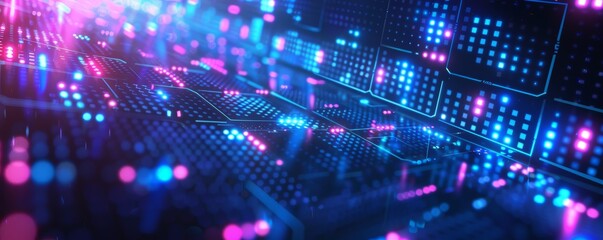 Abstract tech background with blue and purple pixel squares