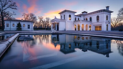 Wall Mural - A reflective water feature in front of a white mansion at dusk, mirroring the opulent structure and the vibrant twilight sky, creating a peaceful and luxurious atmosphere.