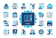 © Genestro - Policy icon set. Protocol, Procedures, Implementation, Decision Making, Guidelines, Administration, Regulation, Company. Duotone color solid icons