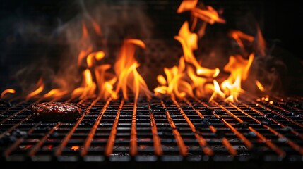 Empty barbecue grill grid with vibrant fire flames on a black background, creating a striking and dynamic image