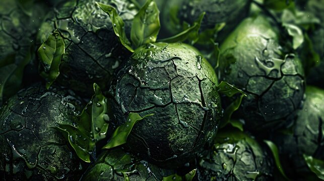 Guavas close-up, hard surface modeling style, dark green, textured with creases, crinkles, wrinkles, radiant cluster