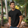 © Gaseesky Stock - full body view of fit man wearing black T-shirt mockup