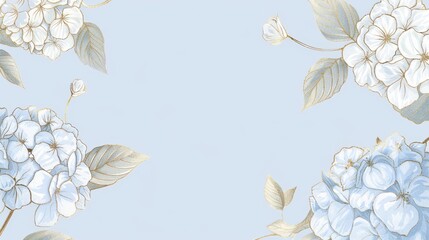 Hydrangeas floral, luxury botanical on light blue background vector, empty space in the middle to leave room for text or logo, gold line wallpaper, leaves, flower, foliage, hand drawn