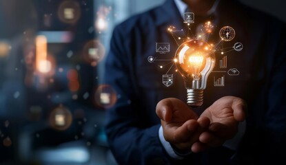 Poster - Innovative Business Idea Concept Illuminated Light Bulb in Hands