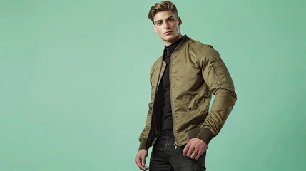 Wall Mural - Male fitness model in a trendy olive green bomber jacket with black jeans, isolated on a mint green background