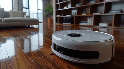 Poster - A white robot is seated on the floor of a modern living room, surrounded by furniture and decor.