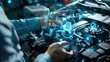 © inthasone - Hand of a mechanic holding a virtual shield with car service icons and checking, the customer service and repair concept.