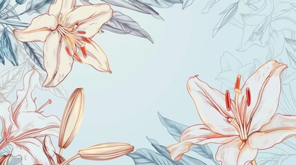 Lilies floral, luxury botanical on light blue background vector, empty space in the middle to leave room for text or logo, gold line wallpaper, leaves, flower, foliage, hand 