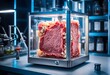 © Designpro - Lab-grown Artificial meat in futuristic scientific glass test tubes, cultured meat in sterile research laboratory. Biotechnology, vegan synthetic meat, sustainable food production