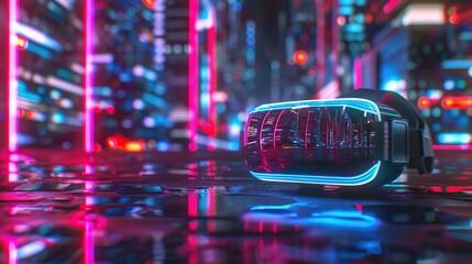 Canvas Print - VR headset and cyberpunk concept, virtual reality headset with a holographic cityscape blur background.