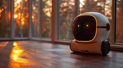Poster - A robot is seated on a wooden floor in front of a window, under natural light.