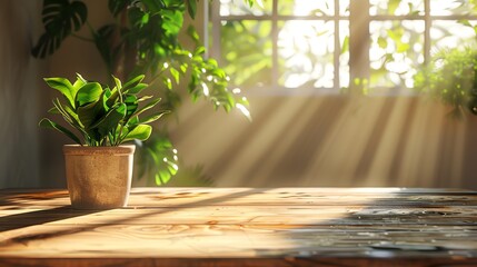 Empty shiny wooden countertop for products display with houseplant in the pot. Can use for display or montage your products. Mock up for space.