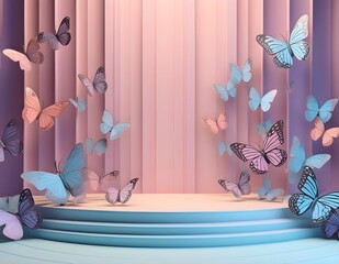 Pastel Background with a border of butterflies stand to show cosmetic products.