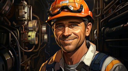 Wall Mural - A smiling engineer in a hard hat and safety vest standing in front of towering oil refinery equipment, holding a clipboard with detailed schematics and plans. Painting Illustration style, Minimal and