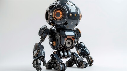 Poster - A black robot with vibrant orange eyes stands out against a clean white background, showcasing its futuristic design.