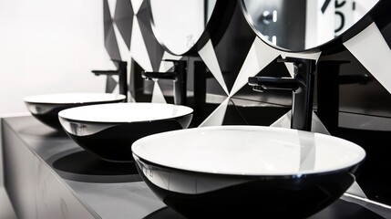 Minimalist wellness bathroom, close-up on monochrome basins and geometric mirrors, sharp clean light 