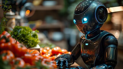 A robot is seated at a table covered with various fresh vegetables, ready for preparing or cooking a meal.