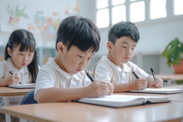 Poster - In a classroom, diligent young students are displaying concentration and dedication to their academic work and learning, focusing on writing tasks with their notebooks and writing tools