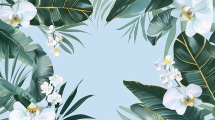 Orchids floral, luxury botanical on light blue background vector, empty space in the middle to leave room for text or logo, gold line wallpaper, leaves, flower, foliage, hand drawn 