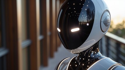 Poster - A robot stands tall in front of a modern building, showcasing the fusion of technology and architecture.
