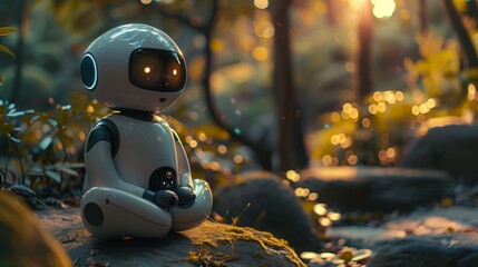 Poster - A robot is seated on rocks in a wooded area, blending into its surroundings, possibly exploring or observing the environment.