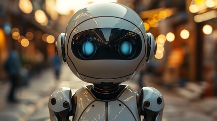Poster - A robot with glowing blue eyes stands on a busy city street surrounded by buildings and passing pedestrians.