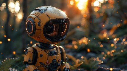 Poster - A robot in the woods, standing still as the sun sets, casting a golden glow over the trees and creating a contrast between nature and technology.