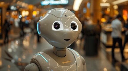 Poster - A robot navigating through a crowded shopping mall filled with people and stores.