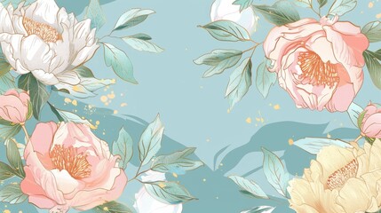 Wall Mural - Peonies floral, luxury botanical on light blue background vector, empty space in the middle to leave room for text or logo, gold line wallpaper, leaves, flower, foliage, hand drawn