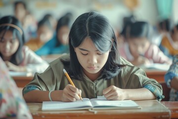Poster - Focused students are diligently studying in a classroom, creating a productive learning environment. They are engaged in academic pursuits, with a focus on education and acquiring knowledge