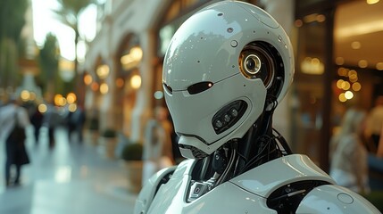 Poster - A robot with a metallic frame and wheels is seen moving down a bustling city street surrounded by tall buildings.