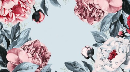 Wall Mural - Peonies floral, luxury botanical on light blue background vector, empty space in the middle to leave room for text or logo, gold line wallpaper, leaves, flower, foliage, hand drawn