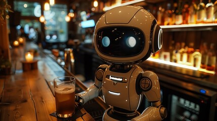 Poster - A robot standing at a bar while holding a glass of beer in its mechanical hand.