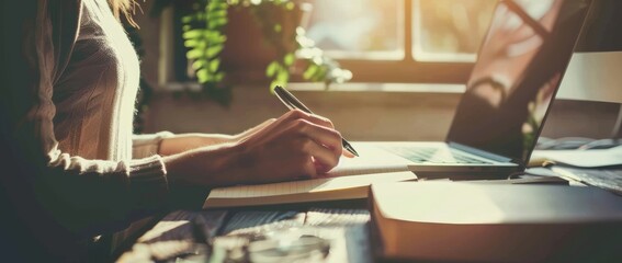 Poster - A person is focused on notetaking in a welllit workspace with a laptop, emphasizing study or work tasks, creating a productive and professional setting for effective learning or working