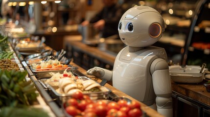 Poster - A robot is seen standing at a counter in a restaurant, possibly taking orders or interacting with customers.