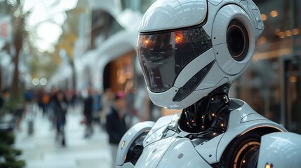 Poster - A robot is strolling along a bustling city street. People pass by, unaware of this robotic presence in their midst.