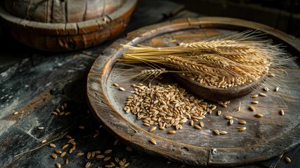 Canvas Print - Bundle of barley on the aged wooden platter