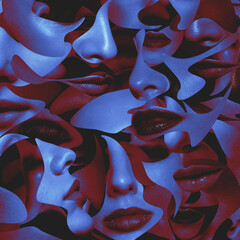 Wall Mural - Fine-art, beauty and wellness concept. Abstract and surreal women portrait illustration collage made of various cut wavy geometric shapes. Grunge and noise effect. Toned in blue and red color