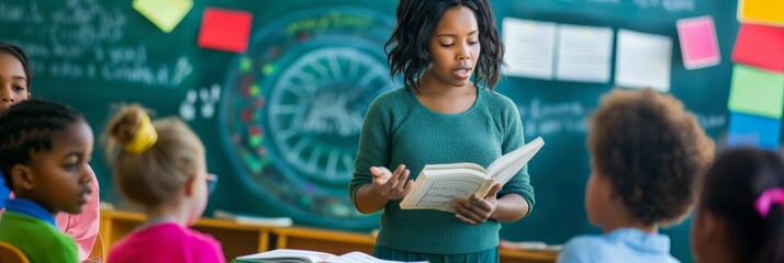 Poster - In a diverse classroom, the teacher creates a lively learning environment with books, interaction, and academic growth, engaging students in an inclusive, rich educational experience
