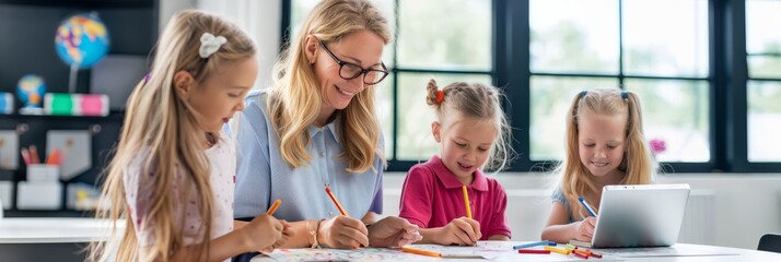 Poster - A teacher uses various teaching methods to engage young students in playful learning activities during an interactive classroom session in a school setting, fostering a positive learning environment
