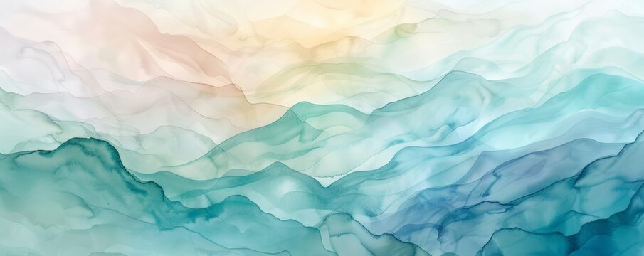 Abstract watercolor painting featuring soft gradients of blue, green, and peach tones creating a serene, flowing landscape.