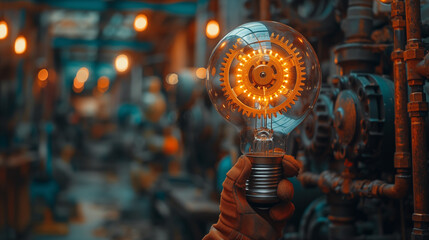 Hand holding illuminated light bulb with gears inside, in an industrial factory setting. Concept of innovation, industry, and creativity.