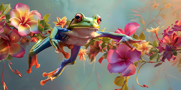 A vibrant frog adorned with a garland of tropical flowers, mid-leap. Toad in field of wild flowers.