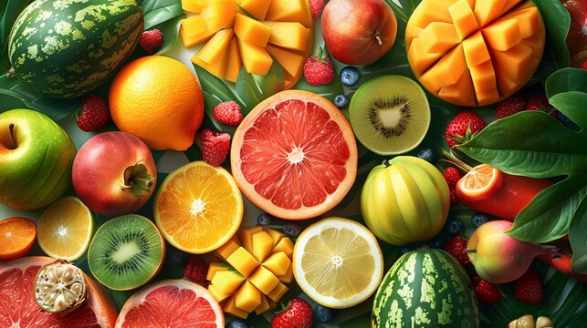 realistic image featuring a variety of whole and sliced fruits and vegetables artfully arranged in a