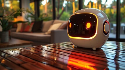 Poster - A robot is seated on a table in a modern living room setting.