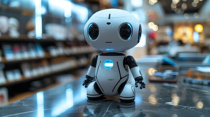 Poster - A tiny robot is seen perched on a surface inside a store, showcasing its design and features to potential customers.