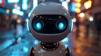 Poster - A robot is standing on the city street under the night sky, surrounded by urban buildings and glowing streetlights.